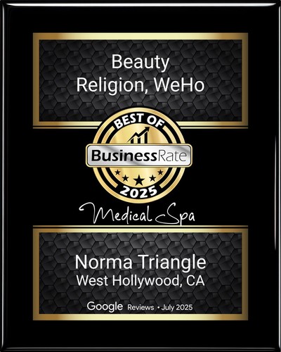 Best of BusinessRate 2025 Award - Beauty Religion WeHo recognized as top Medical Spa in Norma Triangle, West Hollywood, CA based on Google Reviews July 2025
