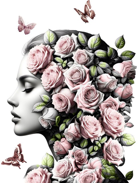 woman face with flowers and butterfly